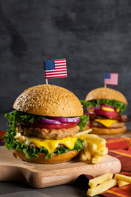 Bodegón de deliciosa hamburguesa americana