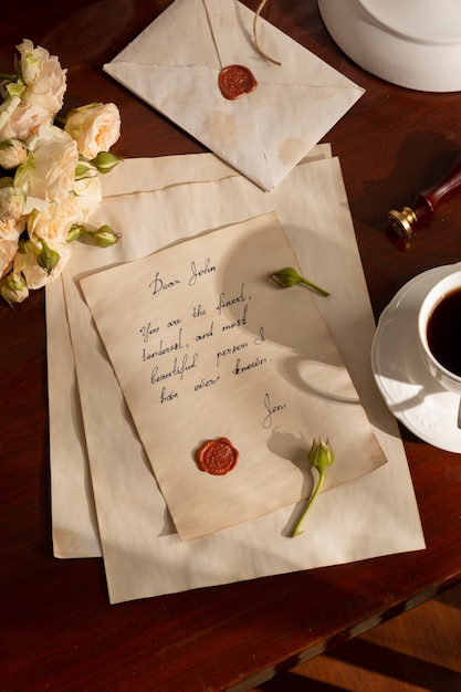 Bodegón de escritura antigua de una carta de amor