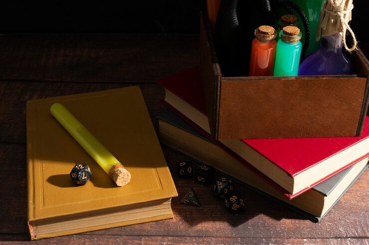 Foto gratuito bodegón de juegos de rol libros y pociones