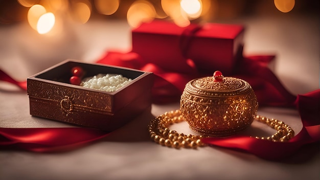 Foto gratuita bodegón navideño con joyero dorado y cinta roja sobre un fondo bokeh