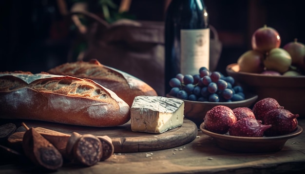 Foto gratuita bodegón rústico pan vino queso uvas generado por ia