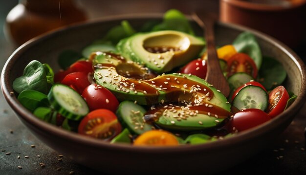 Foto gratuita un bol de ensalada con aguacate y tomate