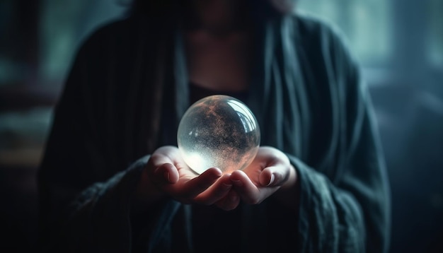 Una bola de cristal brillante sostenida por una mujer joven ilumina futuros generados por IA