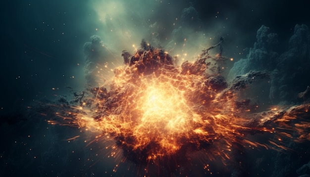 Una bola de fuego explosiva enciende un fondo de galaxia abstracto en una ilustración futurista generada por IA