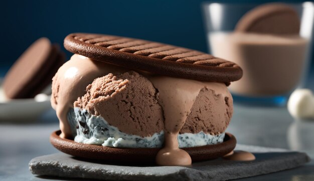 Una bola de helado de chocolate se asienta sobre una superficie de piedra con un vaso de leche detrás.