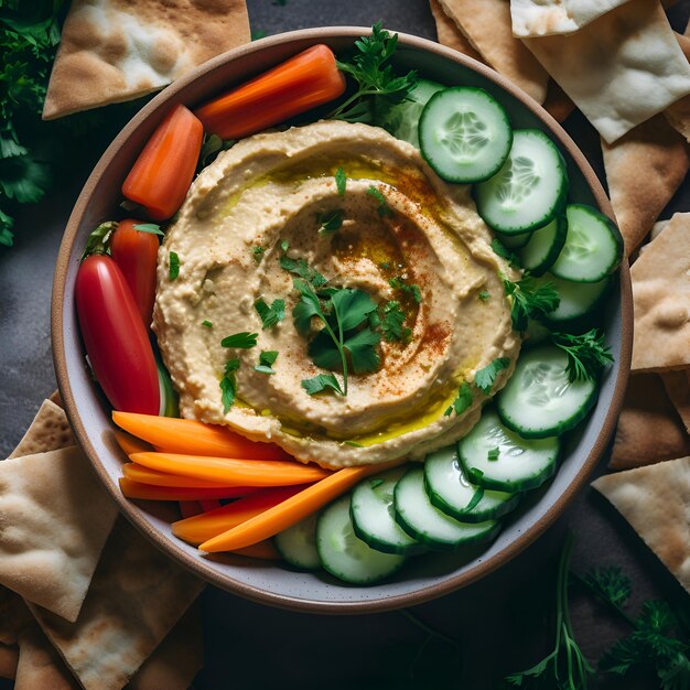 Bola de hummus con verduras frescas y pan pita sobre fondo gris vista desde arriba