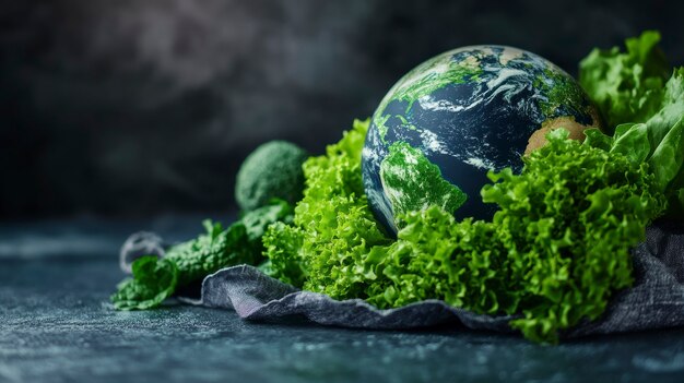 Bola del mundo llena o rodeada de comida para el Día Mundial de la Alimentación