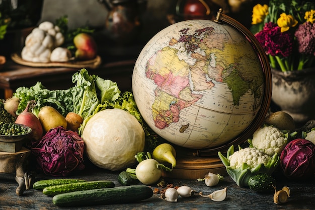 Bola del mundo llena o rodeada de comida para el Día Mundial de la Alimentación
