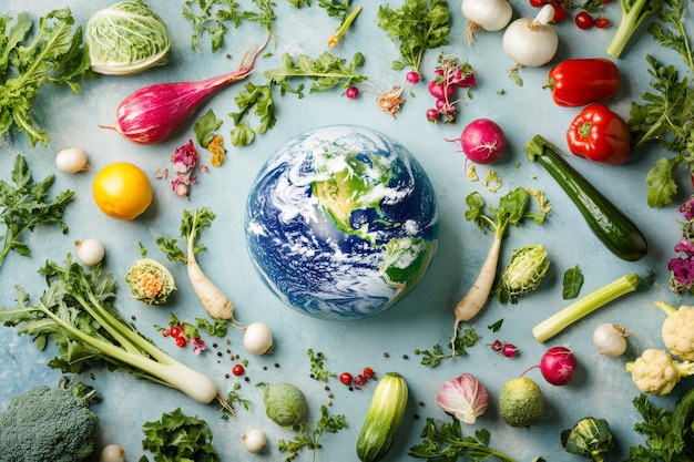Bola del mundo llena o rodeada de comida para el Día Mundial de la Alimentación