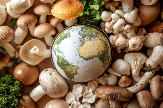 Bola del mundo llena o rodeada de comida para el Día Mundial de la Alimentación