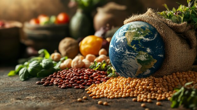 Bola del mundo llena o rodeada de comida para el Día Mundial de la Alimentación