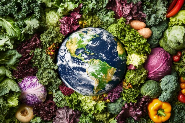 Bola del mundo llena o rodeada de comida para el Día Mundial de la Alimentación