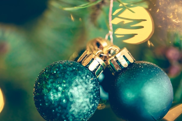 Las bolas de Navidad azules en una rama del árbol de Navidad