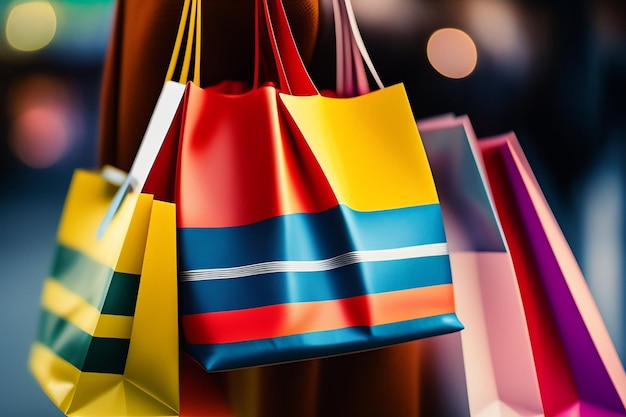Una bolsa colorida cuelga en un grupo de bolsas de compras coloridas.