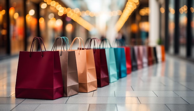 Una bolsa de compras llena de regalos coloridos en una tienda minorista moderna generada por inteligencia artificial