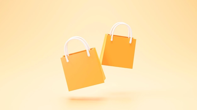Bolsa de compras paquete banner signo o símbolo concepto de compras fondo naranja representación 3d