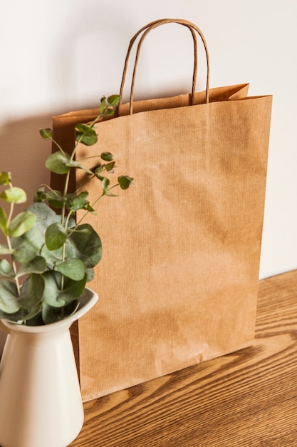 Bolsa de papel y planta en superficie de madera