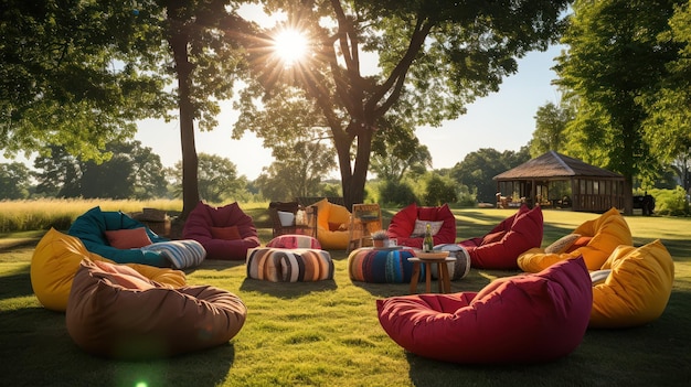 Foto gratuita bolsas de frijoles a la sombra en la hierba perfectas para una fiesta al aire libre moderna