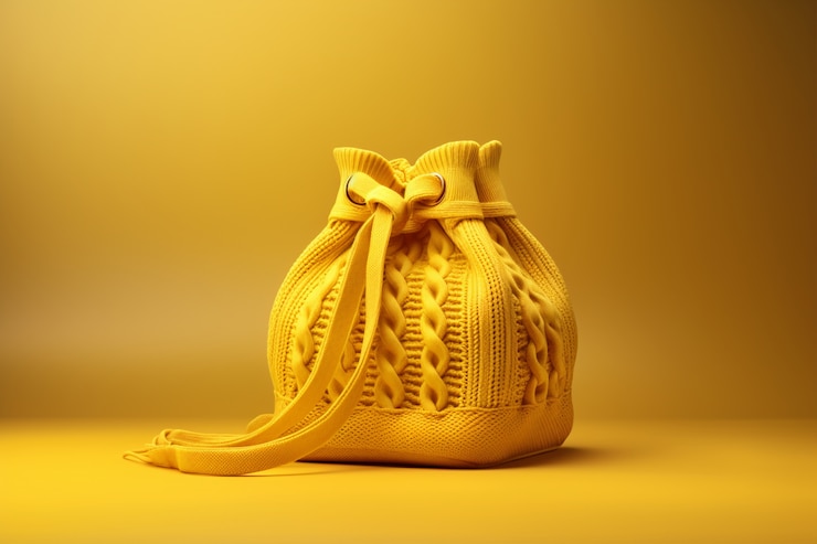 Foto gratuito bolso de punto amarillo bodegón