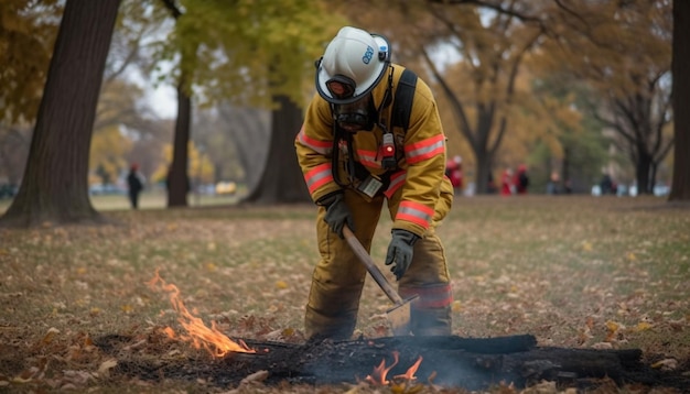 Bombero caucásico protege bosque del infierno otoñal generado por IA