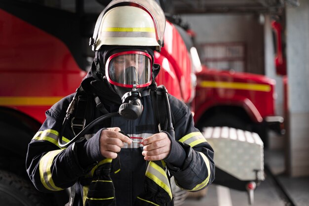 Bombero en la estación equipado con traje protector y máscara contra incendios.