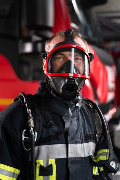 Bombero en la estación equipado con traje protector y máscara contra incendios.