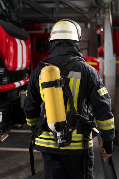 Bombero en la estación con traje y casco de seguridad.