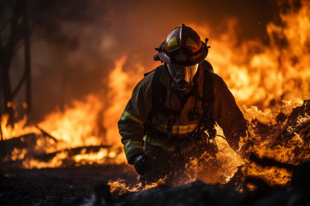 Bombero intentando contener el incendio forestal