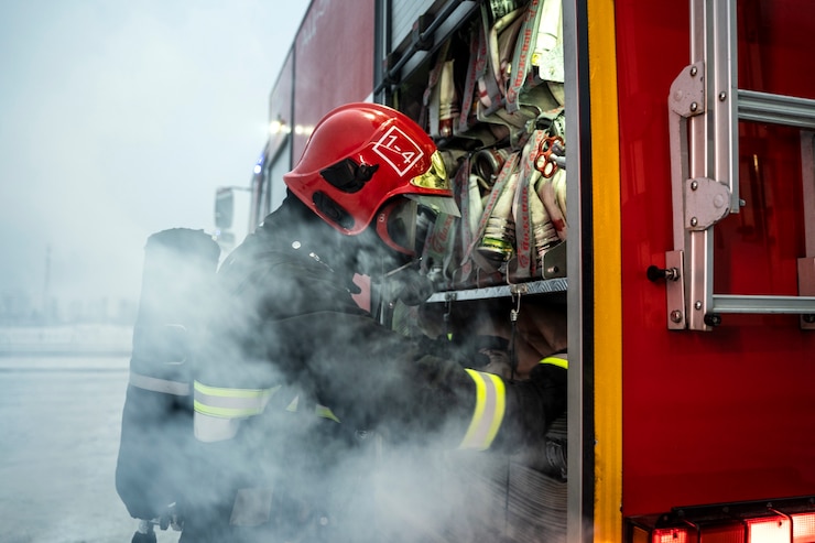 Foto gratuito bombero listo para su misión.