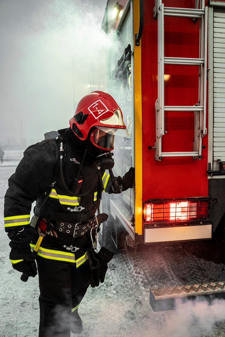 Foto gratuito bombero listo para su misión.