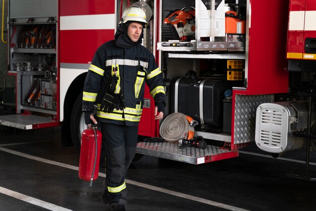 Bombero masculino en la estación equipada con traje y casco de seguridad