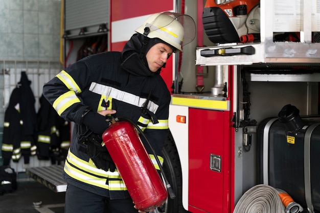 Bombero masculino en la estación equipada con traje y casco de seguridad