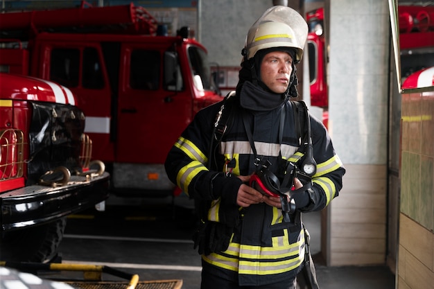 Bombero masculino en la estación con traje y casco de seguridad.