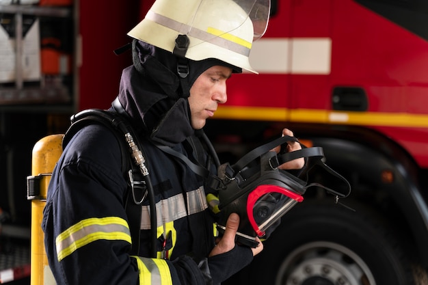 Bombero masculino en la estación en traje y casco