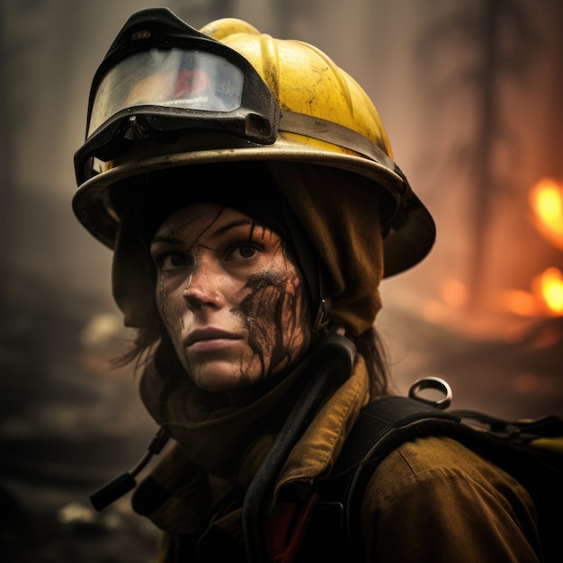 Foto gratuita bombero de tiro medio tratando de apagar un incendio forestal