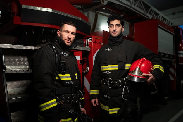 Foto gratuita bomberos listos para su misión.