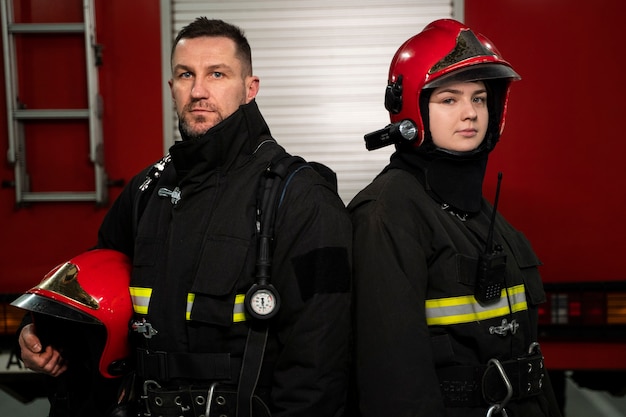 Foto gratuita bomberos listos para su misión.