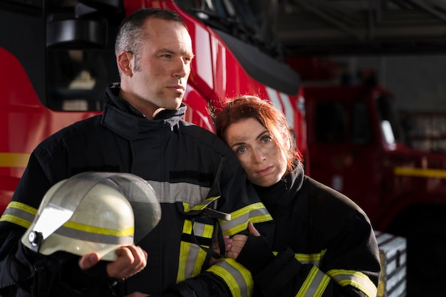 Bomberos masculinos y femeninos en la estación posando juntos