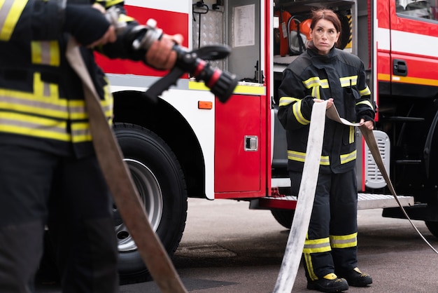 Bomberos masculinos y femeninos en la estación trabajando juntos