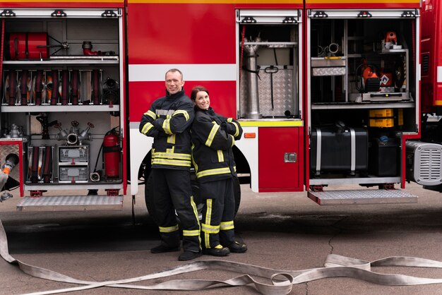 Bomberos masculinos y femeninos en la estación trabajando juntos