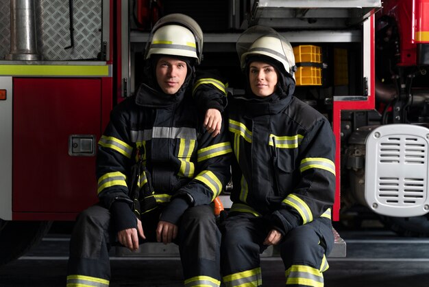 Bomberos masculinos y femeninos trabajando juntos en trajes y cascos