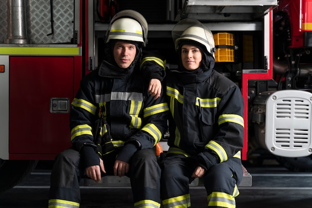 Bomberos masculinos y femeninos trabajando juntos en trajes y cascos