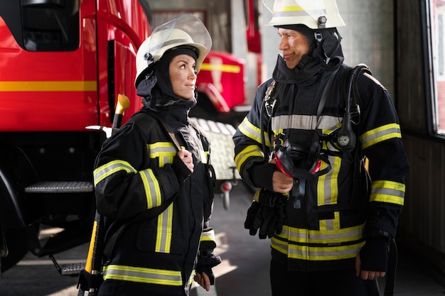 Bomberos masculinos y femeninos trabajando juntos en trajes y cascos