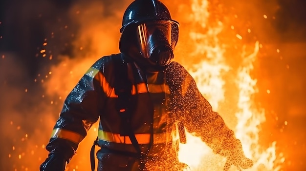 Foto gratuita bomberos que usan agua y extintor para luchar contra las llamas de fuego con traje de seguridad