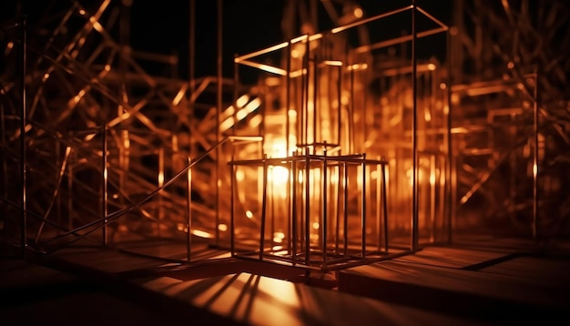 Foto gratuita una bombilla incandescente ilumina una linterna de metal brillante generada por ia
