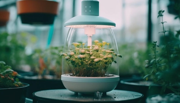 Una bombilla con una planta que crece en su interior.