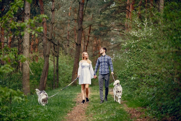 Bonita pareja en un bosque de verano con perros.