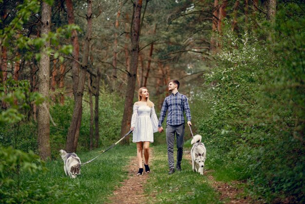 Bonita pareja en un bosque de verano con perros.