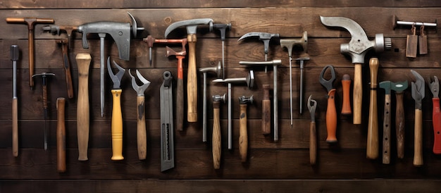 Borde de madera rústico con varias herramientas de mano
