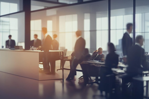 Borrosa suave de personas reunidas en la mesa gente de negocios hablando en la oficina moderna generativa ai